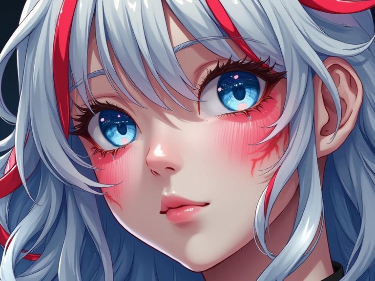 Bright surrealism art showcases a close portrait. Character has vivid blue eyes and long wavy silver hair with red stripes. Pale skin has patches of red stained glass like blades. Uses bold colors and gradients.