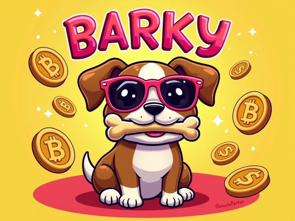 The image features a cartoon dog holding a bone in its mouth. It has a vibrant color scheme with a bright yellow and red background. The dog wears oversized pink sunglasses, giving it a cool and playful vibe. Surrounding the dog are images of gold coins with Bitcoin symbols and dollar signs, emphasizing a theme of cryptocurrency. The word 'BARKY' is prominently displayed in colorful, bold letters, suggesting it may be the name of a memecoin. Below the name is a price tag showing 'MEMECOIN $3,833', indicating the value of this fictional currency.