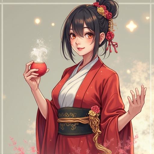 Anime-style artwork of a young woman in a traditional red outfit. She has dark hair adorned with flowers and holds a small object in her hand, giving a magical vibe.