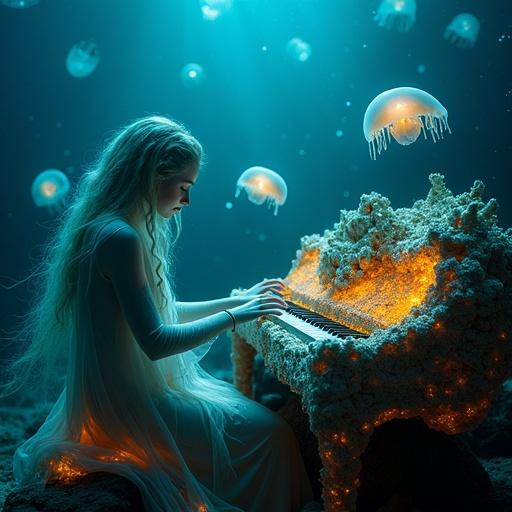 A ghostly pianist plays a glowing piano made of coral and whale bones. The setting is deep under the ocean. Glowing jellyfish drift around the scene. Ancient sea spirits float in the background. Bioluminescent light illuminates the pianist, creating a fantasy underwater atmosphere.