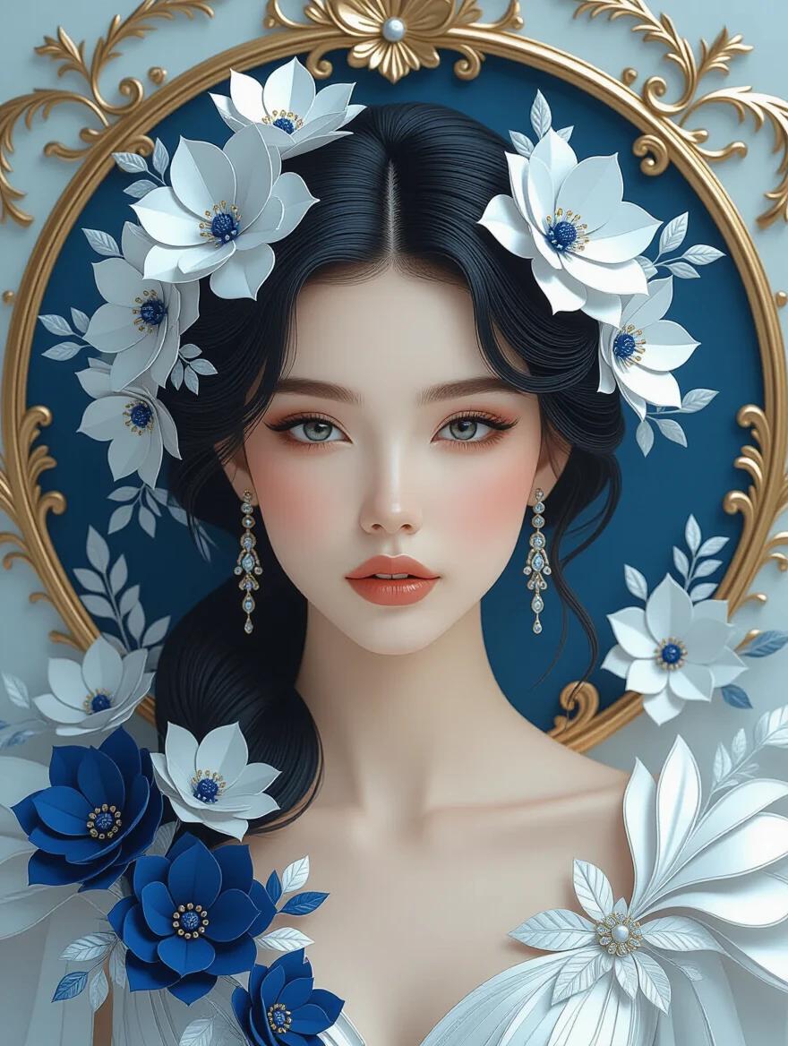 Ultra detailed depiction of an elegant woman adorned with silver and blue flowers. Decorative gold and dark azure relief in the background. Includes paper-cut inspired elements with dreamy lighting. Soft focus enhances a romantic atmosphere. Represents minimalistic surrealism. Ethereal beauty with white and violet highlights and layered textures.