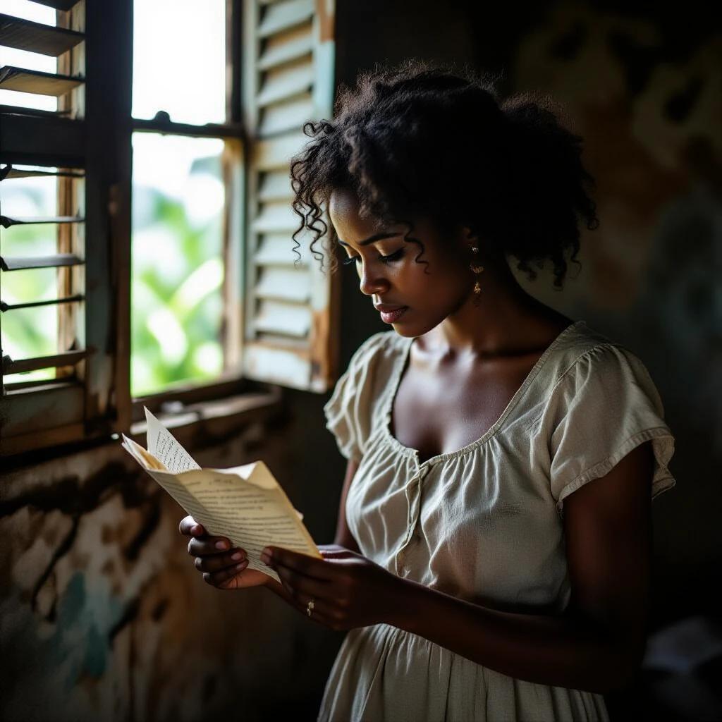 Haitian woman reading an old letter in a decaying bedroom. She feels tense and emotional. Worn-out walls and broken shutters surround her. The scene is filled with deep atmosphere and cinematic framing. Sunset light comes through the window creating a haunting vibe.