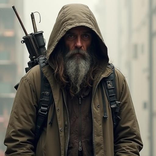 A homeless man in a post apocalyptic setting. The man has a long beard and wears a hooded jacket. He stands with a serious expression against a blurred urban background. He carries an improvised weapon.