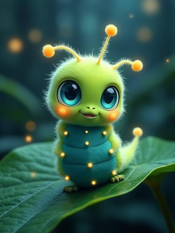 A cute caterpillar character named Moonleaf Caterpod is bright lime green with big blue eyes. Its body is segmented teal-blue with white bristles and glowing yellow dots. The caterpillar is on a green leaf in a magical forest setting with soft moonlight and glowing orbs around it.