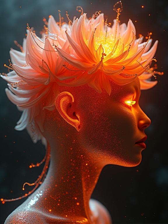 An abstract representation in digital art for the book 'Anatomy of a Cyborg'. Features voluminous fiery flowers with an inner glow on a stylized head. Focus on cyberbotany with a fantastical touch.