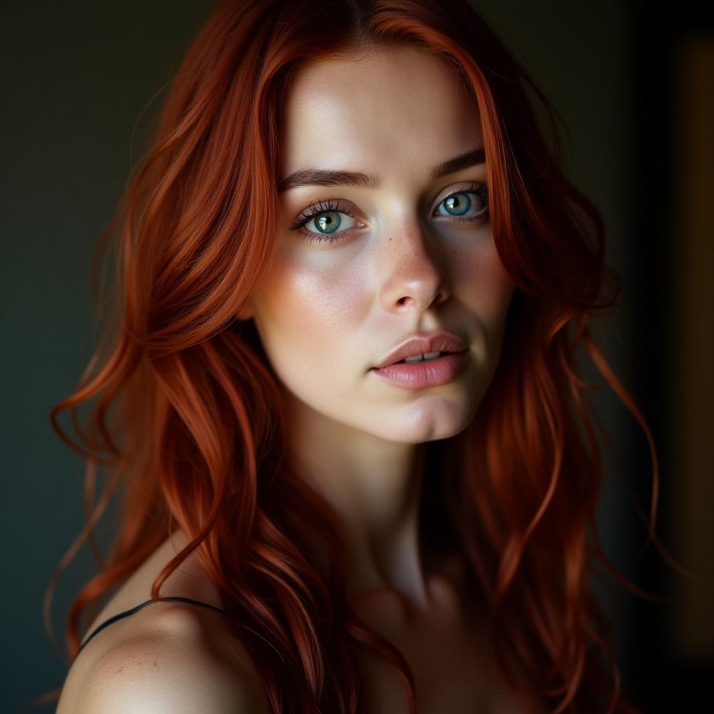 A woman with long dark red hair. She has light grey eyes and fair white skin with freckles. The focus is on her hair and upper body.