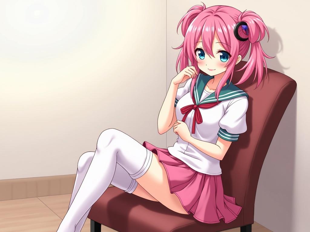 Anime style illustration featuring a cute girl with pink hair and blue eyes sitting on a chair. She wears a pink skirt and thigh-high socks.