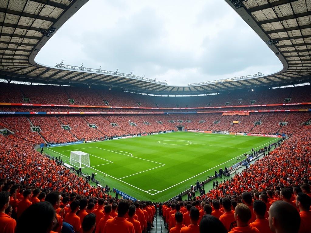 The image captures a large, modern soccer stadium filled with thousands of spectators. The stands are packed with fans wearing orange, creating a vibrant and unified sea of color. The soccer field is lush and green, marked with fresh white lines. The stadium's design is sleek and contemporary, with a partially covered roof allowing natural light to enter and illuminate the pitch. The atmosphere appears electric, suggesting a high-profile match is taking place. The sky is slightly overcast, adding to the dramatic setting.