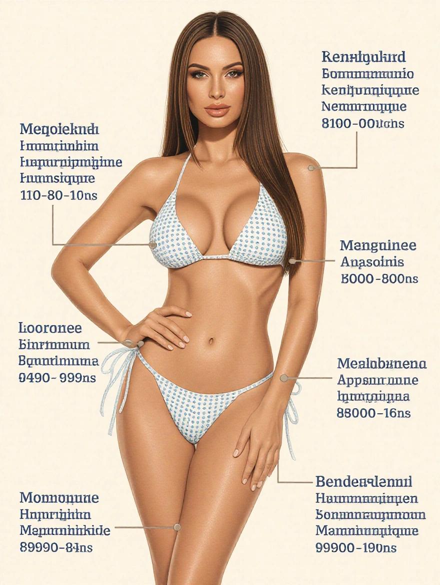 Full body model showcasing a micro bikini. Model features large breasts and straight brown hair. Body measurements are 110-80-101.