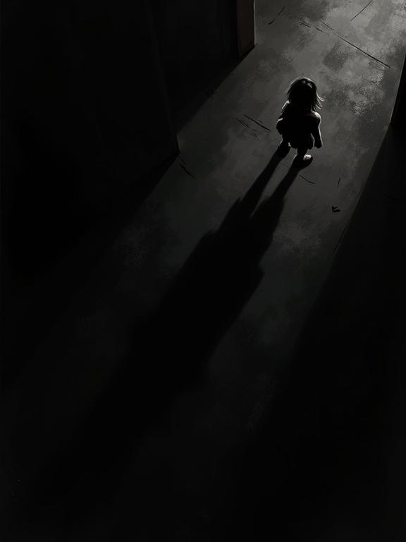 Dark abstract illustration of a female silhouette. The figure stands at the top right of the frame. She faces her distorted black shadow. The shadow stretches diagonally. It fills the entire image. Black background, rough brush strokes, incomplete illustration, rough texture. Extreme top-down perspective, overhead POV.