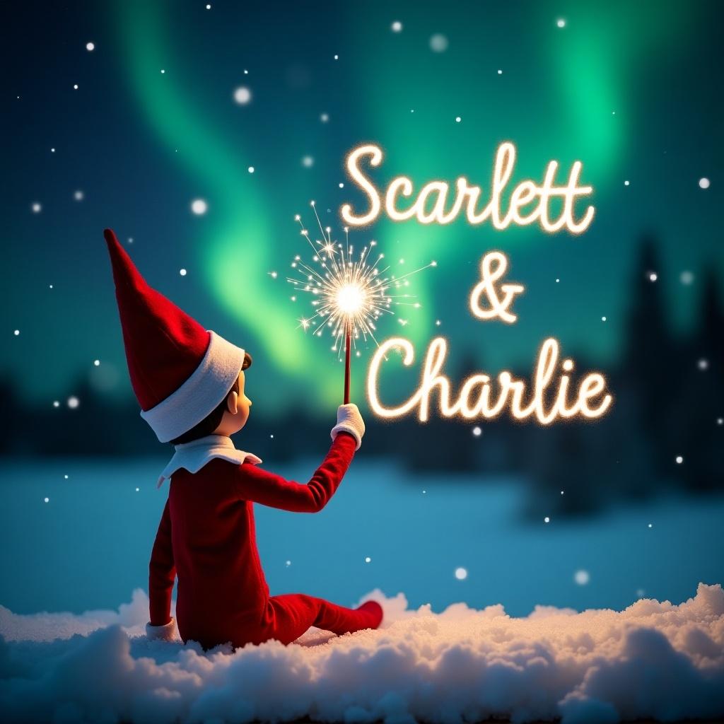 This image showcases an elf on the shelf positioned with its back to the viewer, facing a beautiful dark sky filled with vibrant northern lights. With a magic wand in hand, it is elegantly writing the names Scarlett and Charlie in sparkling letters against the backdrop. The snowy ground adds a serene touch to the magical scene. The overall atmosphere is filled with wonder and holiday joy, capturing the essence of Christmas. The elf, dressed in a traditional red outfit, enhances the festive vibe of the picture.