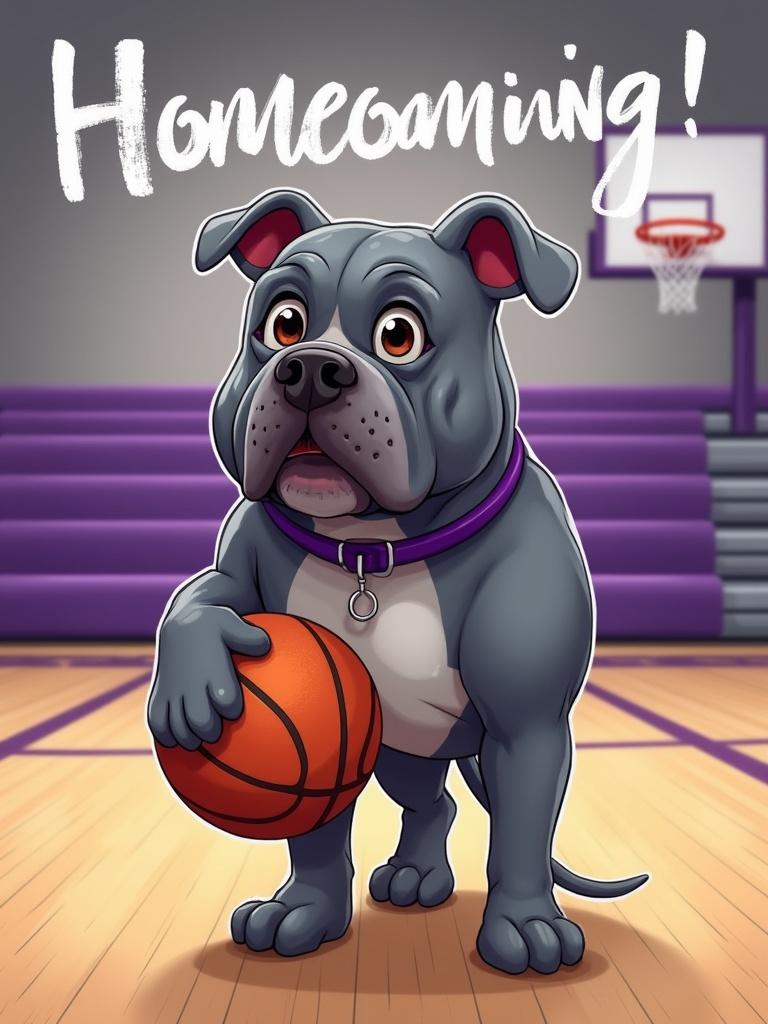 Airbrush cartoon illustration of a basketball court. The basketball court has purple bleachers. A gray bulldog holds a basketball and stands in front of the hoop. The words Homecoming Week are featured in the background.