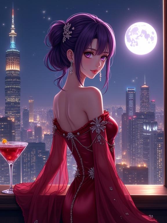 An elegant woman stands in front of a large window. She faces forward, wearing a luxurious red gown with intricate embroidery. Her hair is styled in an updo with kanzashi pins. A cocktail is on the bar nearby. The city skyline glows outside the window with a full moon in the background. The image captures a romantic and sophisticated mood.