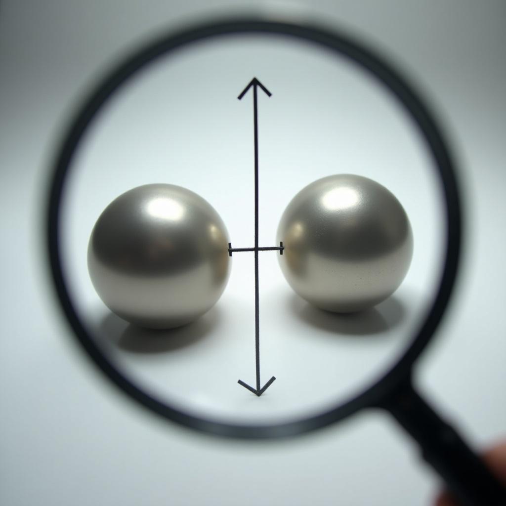 The image showcases two round, shiny pearls positioned side by side. Viewed through a magnifying glass, the viewer can see parallel axes highlighted between the pearls. The angle formed by these axes is distinct and prominent. This representation illustrates the concept of inelastic neutron scattering. The background is a soft white, emphasizing the clarity of the pearls and their reflections. The overall composition is designed to be both visually appealing and scientifically instructive.