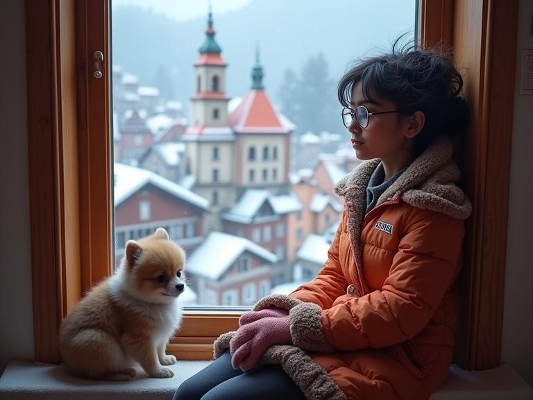 Photo realistic image shows young Indian girl with glasses sitting at a window. Cozy corridor with a fluffy pet. Snowy Swiss city outside with falling snowflakes. Warm light contrasts with the cold view. Girl has a calm expression. She wears stylish winter dress with RIMA brand. Rich colors and soft lighting enhance atmosphere.