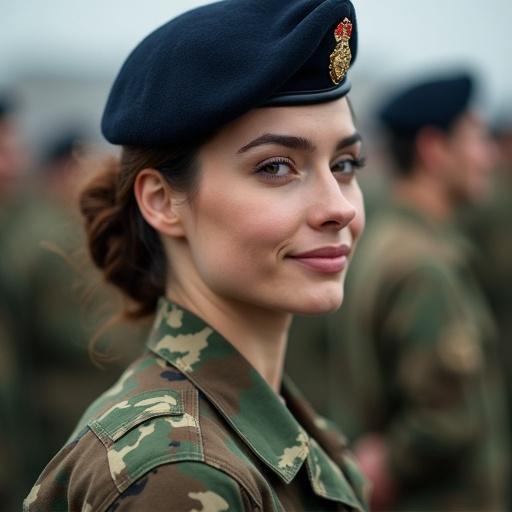 Young woman dressed in military attire. She stands among other soldiers. The setting emphasizes a strong military presence. Focus on her confident stance and professional appearance.