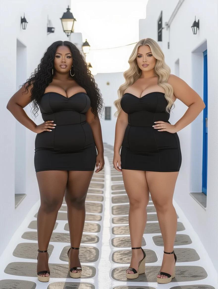 Two women standing in a Mykonos alley. Both women are in shiny black bandage dresses. Black woman has long black curly hair. White woman has long blonde wavy hair. Both have hourglass figures with full busts and thick thighs. They wear espadrille high heels. It is sunrise in the background.