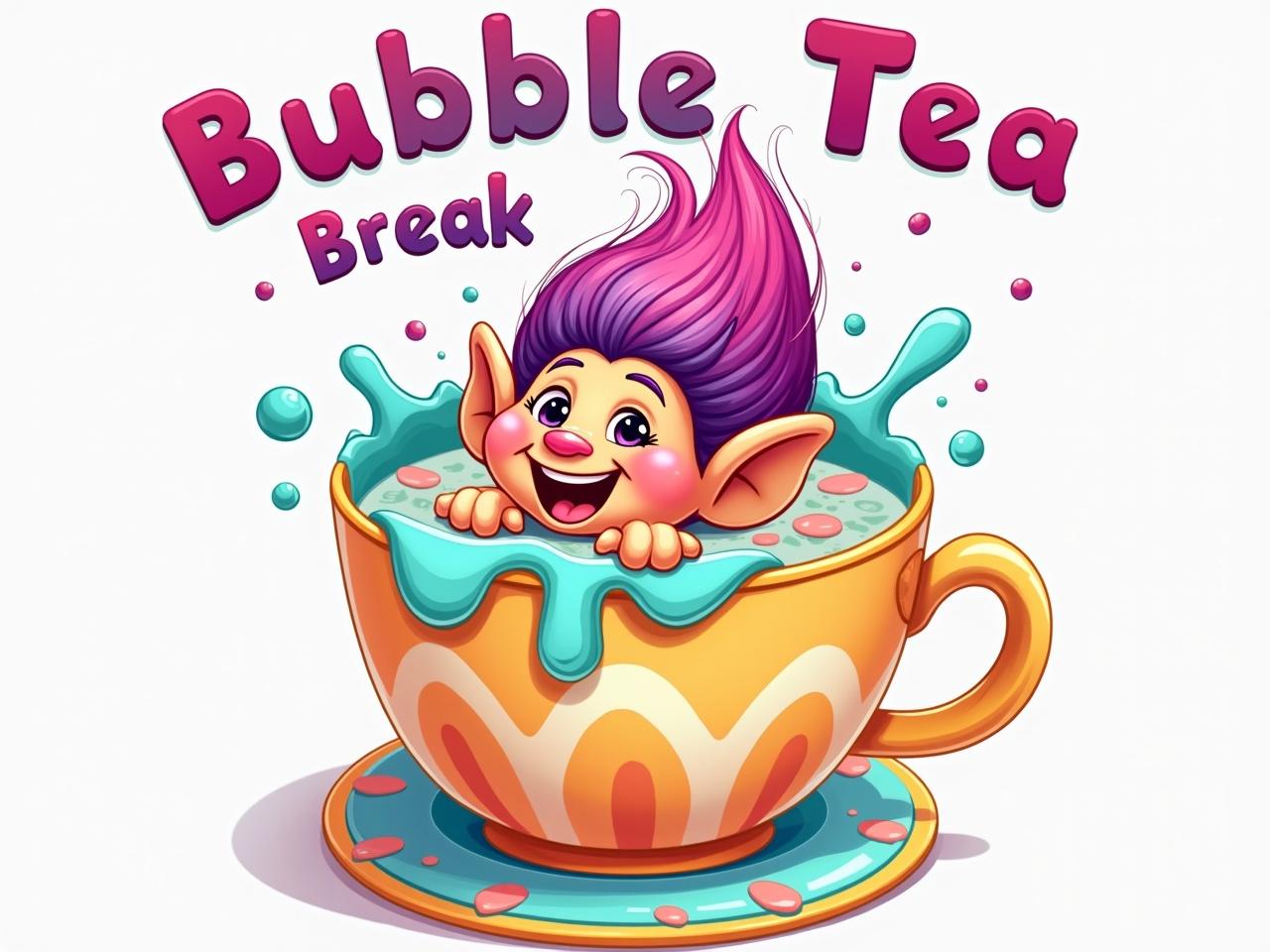 The image features a colorful and whimsical character that resembles a troll with vibrant hair. The troll is joyfully sitting inside a large teacup, appearing to enjoy a fun bubble tea break. Around the character, there are playful bubbles and splashes of color, enhancing the lively atmosphere. The cup itself has a unique design with patterns and bright colors, making it visually engaging. The text 'Bubble Tea Break' is included in a playful font, adding to the cheerful theme. Overall, the image conveys a sense of joy and lightheartedness.