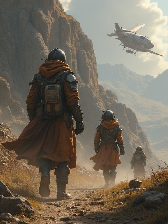 Future generations explore a rugged landscape. They wear futuristic attire and carry equipment. A spaceship flies in the background. The setting includes towering mountains and a dramatic sky. The scene conveys adventure and exploration.