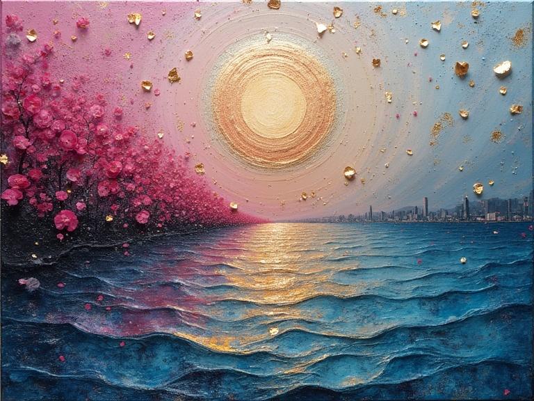 A masterpiece oil painting with 3D multi-layered textures. Artistic composition features deep magenta, gold, and blue. Mixed media elements with scratches and drops. Evocative of nature, seascape, and cityscape. High-resolution with luminous colors.