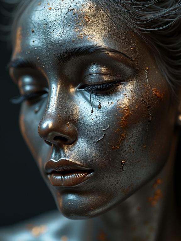 Nude body chocolate statue with collage elements. Mixed media with visible scratches, drops, and tears. Digital art in a close-up view with silver bioluminescent finish.