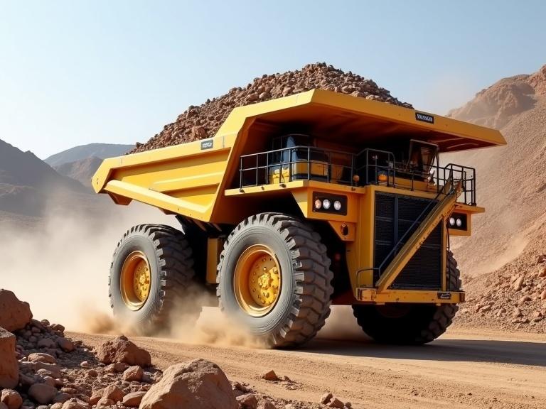 Large yellow mining dump truck loaded with rocks moves through rugged dusty landscape. Truck is enormous with gigantic tires and sturdy construction. Design is robust featuring high cab for driver and safety railings. Wheels kick up dust traveling along dirt path lined with rocks. Background consists of rocky terrain and hills under clear sky. Environment is dry and arid.