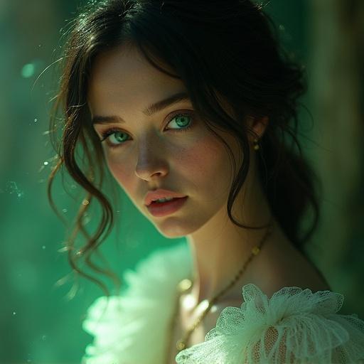 Ultra-realistic portrait of a woman inspired by Ana de Armas. Features porcelain-like skin and glassy emerald eyes. Soft full lips and slightly messy dark hair. The subject wears a glowing dress, surrounded by ethereal light. Magical particles appear around fantasy ruins, evoking a sense of forgotten beauty and emotion in expression.