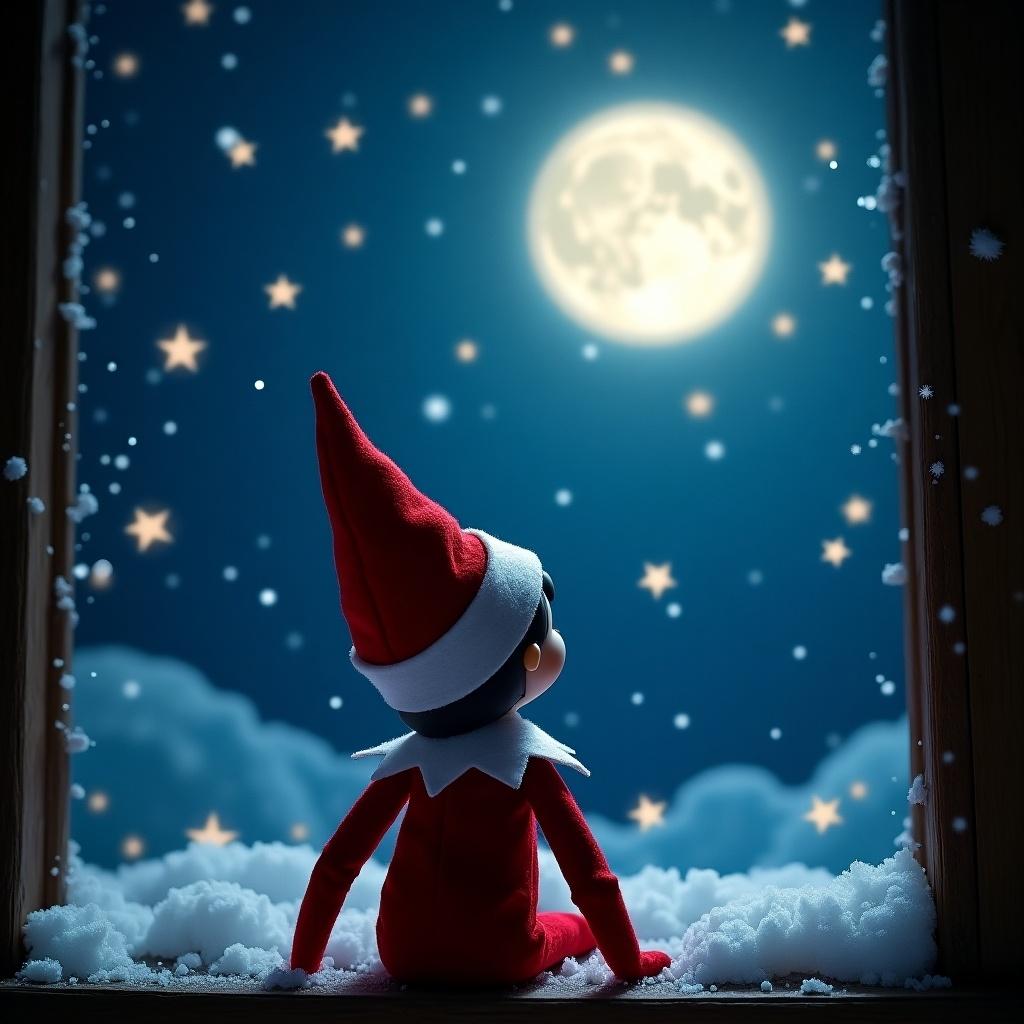 An elf on the shelf is sitting by a window, gazing up into a magical night sky filled with stars and a glowing moon. The elf is depicted from the back, wearing a classic red attire with a pointed hat. Outside, fluffy clouds and twinkling stars create a whimsical atmosphere. The snow surrounds the elf, adding to the holiday charm. This enchanting scene captures the magic of the season, evoking feelings of wonder and joy as the elf admires the beauty of the night.