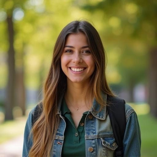 Realistic college student smiling at a park