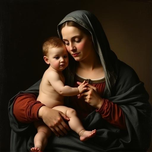 Portrait of a mother holding a child. Baroque style. Caravaggio inspired lighting. Oil on canvas texture.