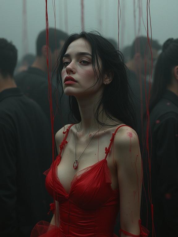 Surreal portrait of a beautiful girl alone in an anonymous crowd. Pink strings create a surreal aesthetic. Mood of lost and damaged feelings. Photorealistic and meticulously composed art. Use of negative space in a dark atmosphere.