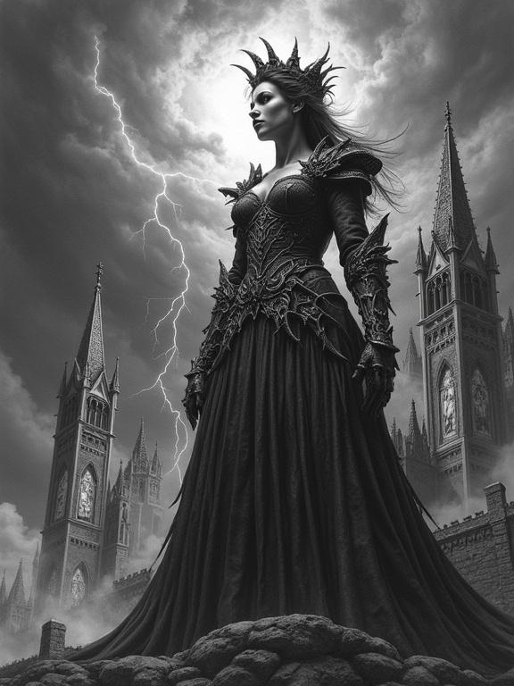 Gothic princess stands against stormy sky. Spires rise above. Gargoyles adorn dress. Stained glass windows show biblical scenes. Lightning strikes illuminate mystery. Influenced by Dürer and Doré. Detailed pencil drawing.