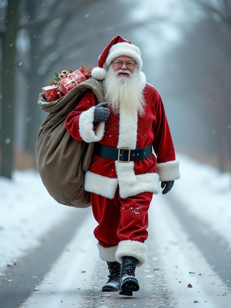 Santa Claus walks on a snowy road. He carries a large bag filled with gifts. He wears a traditional red suit with white trim. Snow falls gently around him.