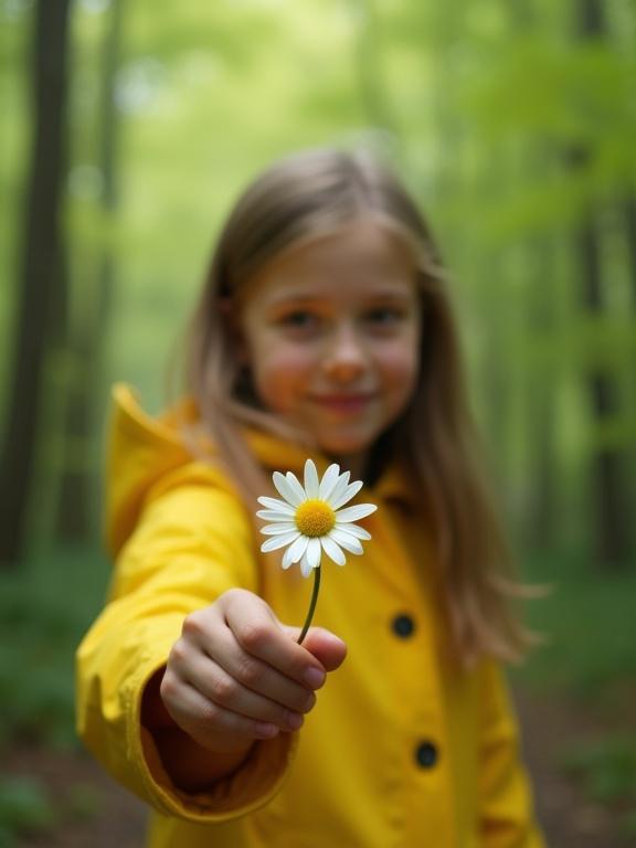 Digital painting of a girl in a yellow raincoat extending a single daisy toward the viewer. Low-angle perspective with extreme shallow depth of field focusing on the daisy. Background shows artistic bokeh transforming into abstract green brushstrokes. Girl's face blended softly into surroundings with morning light filtering through leaves, giving a painterly texture effect.