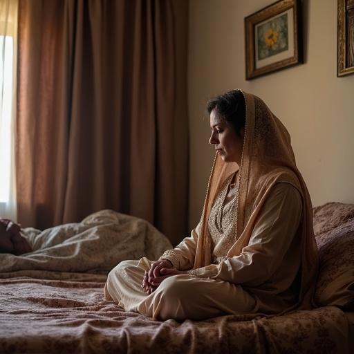 A Pakistani woman in traditional dress praying on her bed. Her husband rests beside her. The bedroom has soft lighting and intimate atmosphere.