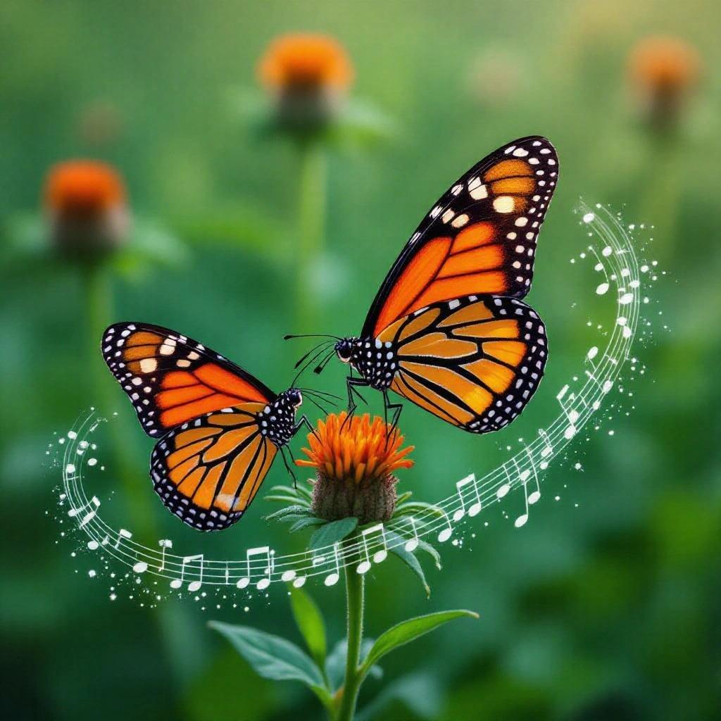 Butterflies flying and leaving trails that look like musical notes. Two orange butterflies on a flower. Background is blurred green.