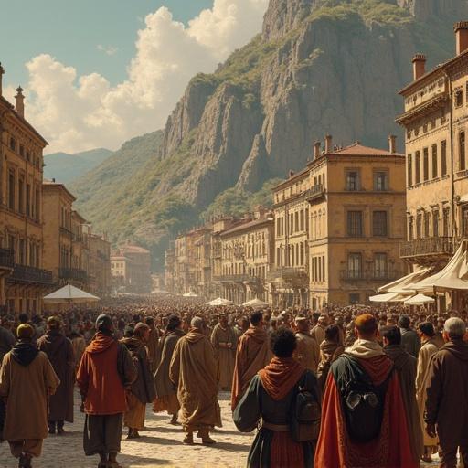 A busy street scene in a historical European setting with a large crowd. The backdrop features majestic mountains. The architecture includes European buildings with ornate details. Details suggest a vibrant outdoor market atmosphere.