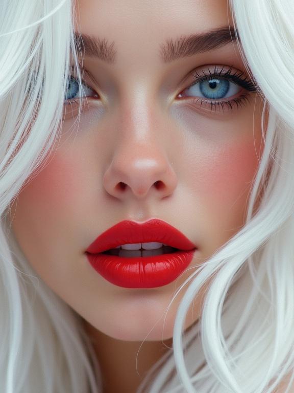 Hyper-realistic detailed close-up image of a beautiful woman with long smooth white hair and large blue eyes. She has long eyelashes, full red lips with an open mouth, tongue out, signaling with a finger having long red nails, and looking directly at the viewer.