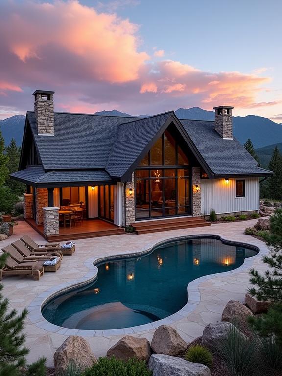 A modern two-story cabin features a pool in the foreground. The setting includes mountains during sunset. The cabin has a steeply pitched roof and a mix of white siding and stone. It has a covered porch with wicker chairs and warm lighting. Large windows reflect the interior glow. An irregularly shaped pool with deep blue water is surrounded by a stone patio. Natural rocks edge the pool. Lush greenery frames the scene emphasizing the natural beauty.