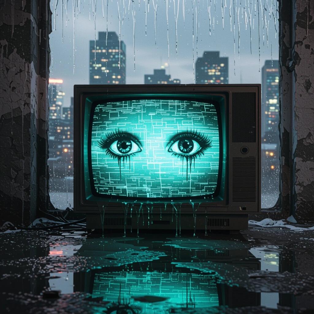 An abandoned CRT screen displays flickering static eyes. The walls are dripping and there is a city reflection in the glass. A haunting atmosphere is created.