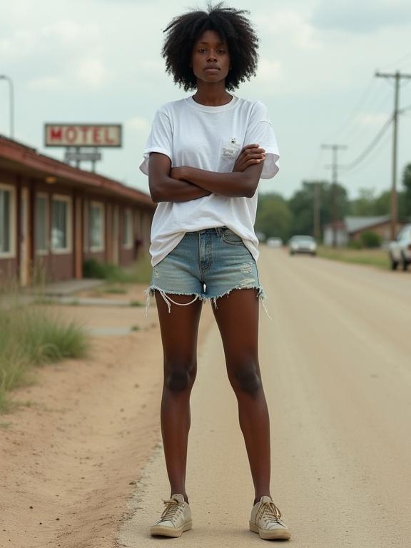 Black woman with short curly hair wears oversized white T-shirt and denim shorts. She stands on a dusty road near a run-down motel. Arms crossed and posture is guarded. Legs show old bruises. Looks sideways.