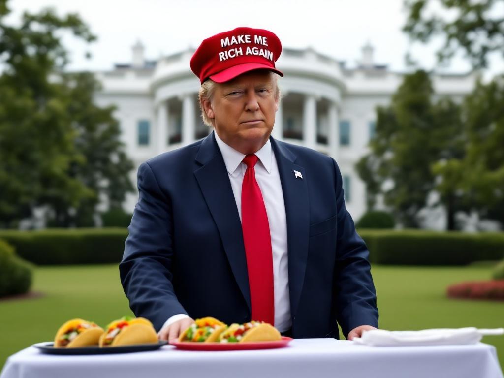 Donald Trump stands on the lawn of the White House. He wears a red hat with 'Make Me Rich Again'. He sells tacos from a table.