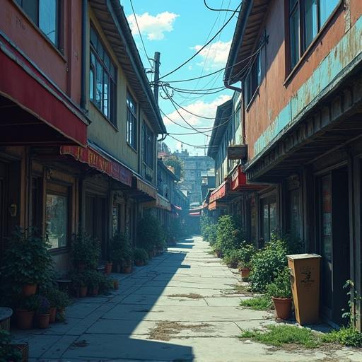 Abandoned market scene in anime style. Narrow alleyway flanked by vintage buildings. Sunlight illuminating the pathway. Potted plants decorate the entrance.