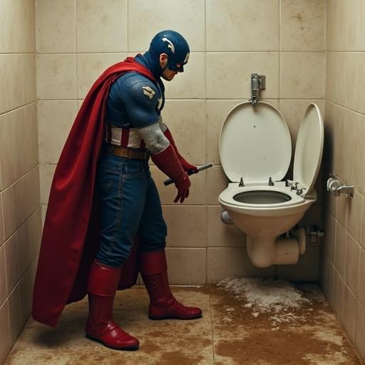 Captain America is in a public restroom cleaning a dirty toilet. The toilet has brown stains. He is wearing his full superhero costume. He uses a mop to clean.