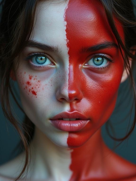 Half white and half red skin on a woman's face. Soft natural lighting. Frontal view of the face with artistic color split.