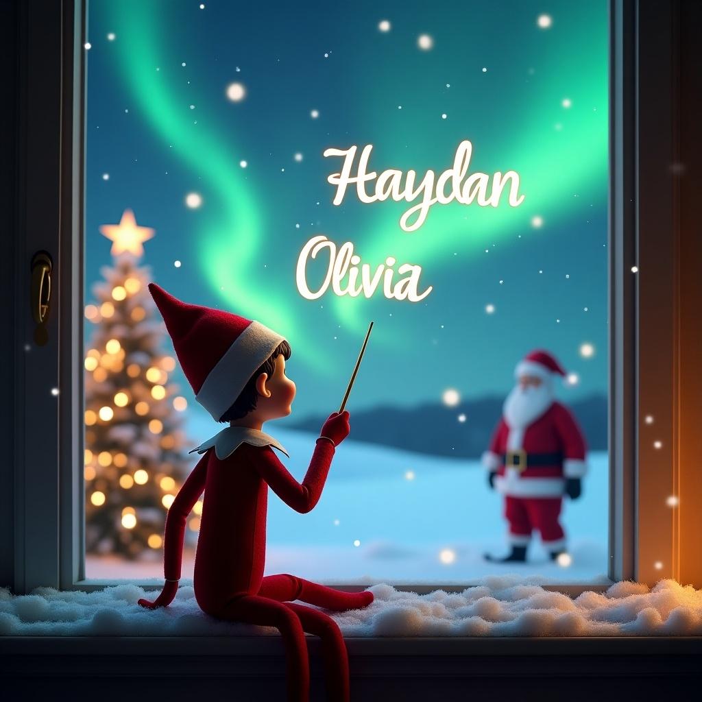 An enchanting Christmas scene features an elf on the shelf with his back to the viewer, gazing up at a magical sky. The elf is using a wand to elegantly write the names 'Hayden', 'Lachlan', and 'Olivia' in the air. In the background, the landscape is illuminated by beautiful northern lights and adorned with a Christmas tree sparkling with lights. Santa Claus is visible in the distance, creating a whimsical and festive atmosphere. Snow gently covers the window ledge, adding to the cozy feel of the scene.