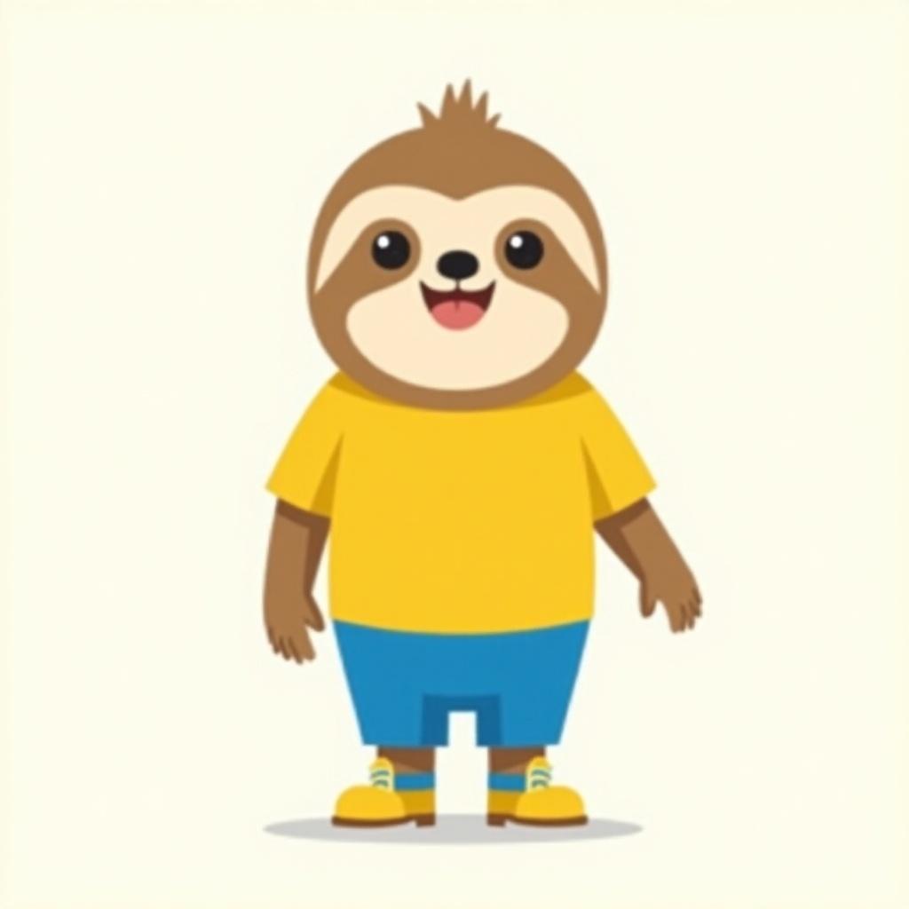 Cartoon character sloth. Cheerful expression. Minimalistic features. Wears yellow shirt and blue shorts. Cartoon-style shoes. Hand-drawn appearance. Bright background.