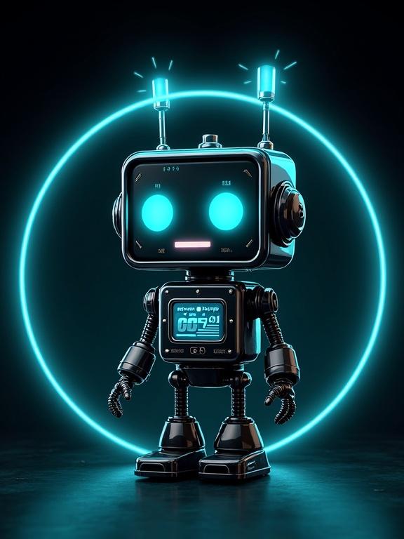 Logo design features a cute retro robot with a rectangular head. The robot has glowing neon sky-blue outlines. Two antennas extend from the top. A body displays bar charts. It has rectangular feet and cute arms with claw hands. Background is soft matte black with spotlight lighting. Includes elements like glowing numbers and bokeh. The design combines influences of Yoshitaka Amano and Ashley Wood.