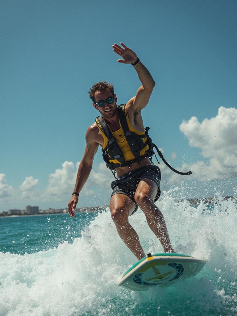 Surfer jumping on a wave while enjoying a sunny day at the beach. Bright blue ocean and clear skies. Wearing a yellow life jacket. Surfboard stands out in the water.