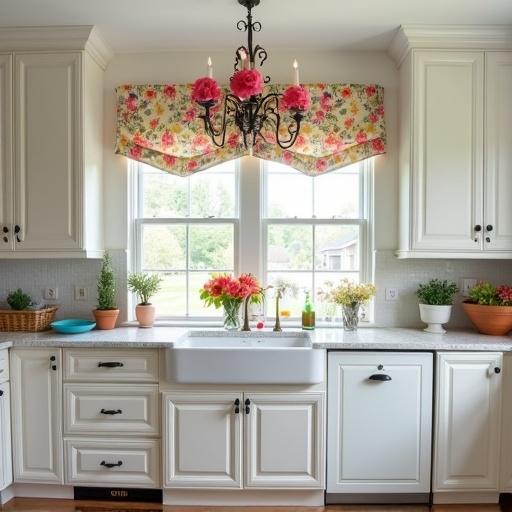 Beautiful white kitchen with double windows above sink. Colorful floral print curtains and chandelier. Colorful flower knobs on cabinets. Floral design on refrigerator. White table with floral arrangement and white chairs with colorful cushions.